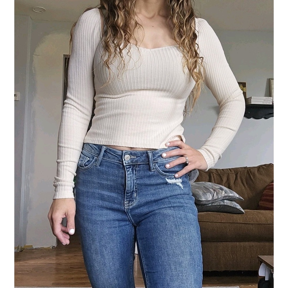 Reformation Chic Long Sleeve Square Neck Top S Tan Cinched Capsule Minimalist